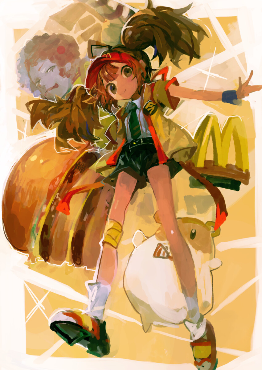 1boy 1girl absurdres animal black_shorts brown_hair burger clown clown_boy collared_shirt food hamster hat highres imadake_dabuchi_tabemi kaamin_(mariarose753) long_hair looking_at_viewer mcdonald&#039;s necktie red_hair red_hat ronald_mcdonald shirt shoes shorts sign smile socks sparkle twintails visor_cap white_socks yellow_happi