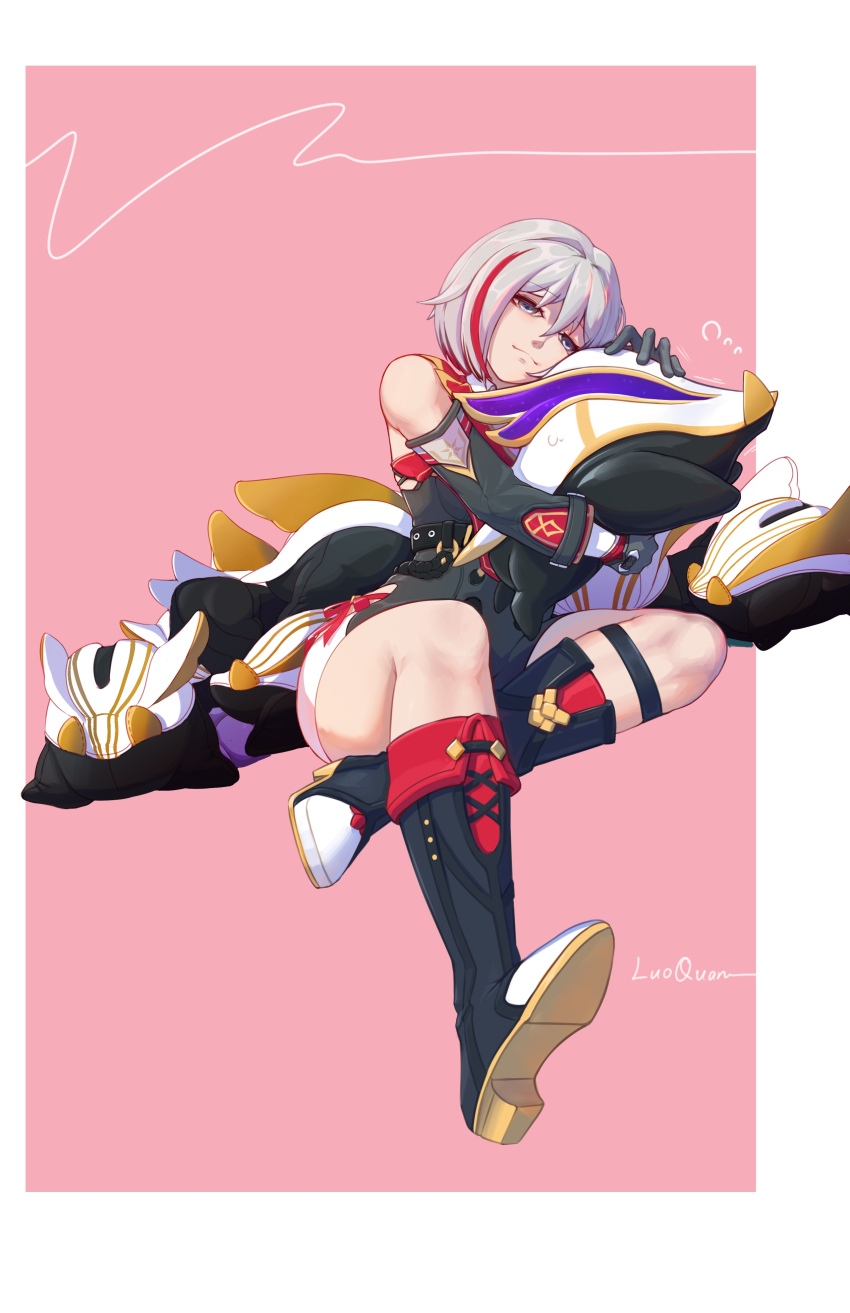 1girl absurdres animal animal_hug black_footwear black_gloves blue_eyes closed_mouth detached_sleeves eyebrows_hidden_by_hair flying_sweatdrops full_body gloves hair_between_eyes highres honkai:_star_rail honkai_(series) looking_at_viewer lying multicolored_hair numby_(honkai:_star_rail) on_side pink_background romper short_hair signature simple_background sitting solo streaked_hair thigh_strap topaz_(honkai:_star_rail) trotter_(honkai:_star_rail) white_hair ye_luo_zai_quan