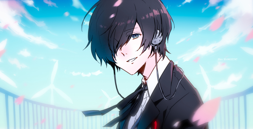 1boy blue_eyes blue_hair blue_sky cherry_blossoms clenched_teeth eme_(204) gekkoukan_high_school_uniform hair_over_one_eye headphones highres persona persona_3 ribbon school_uniform sky smile teeth yuuki_makoto_(persona_3)