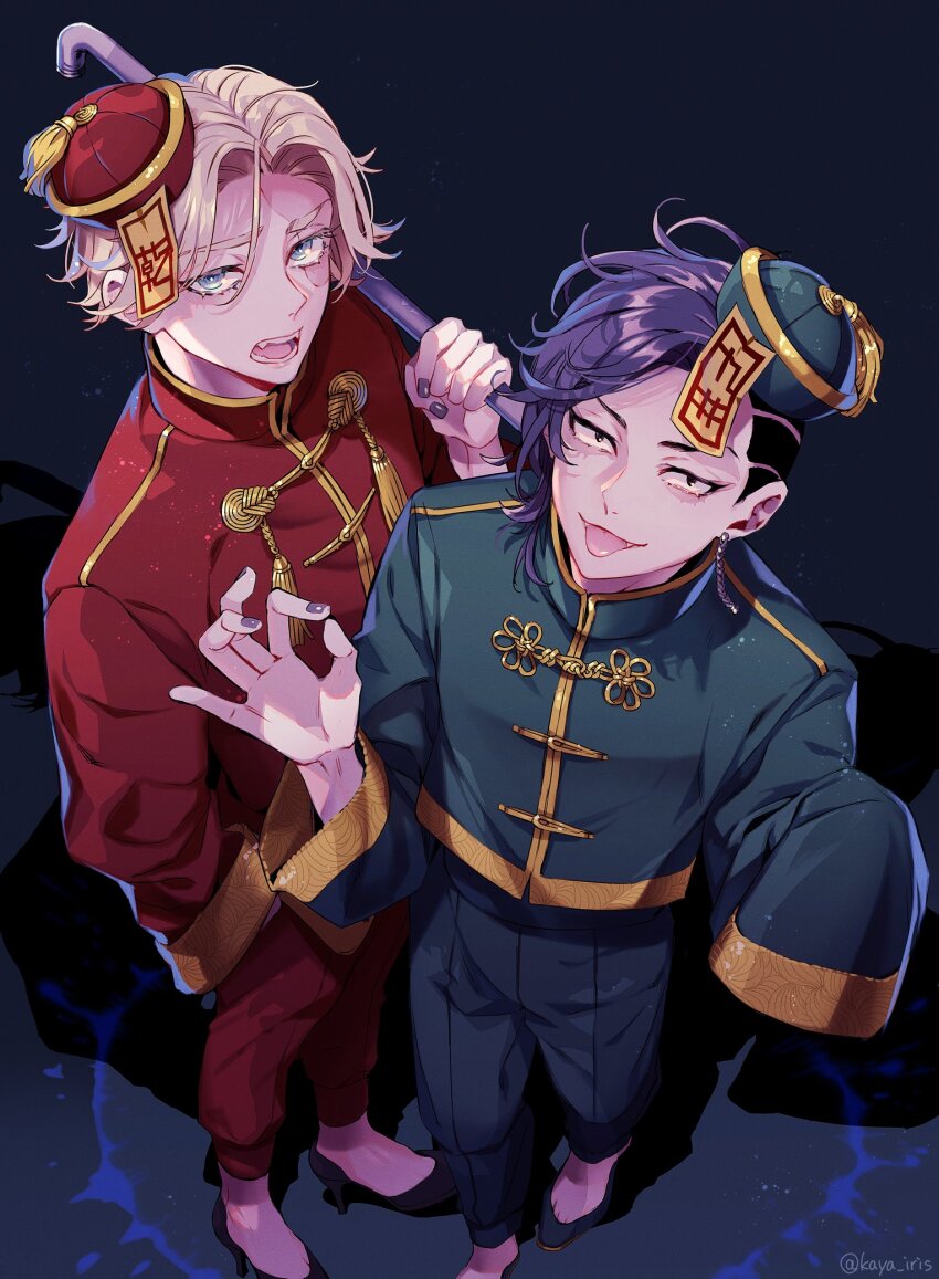 2boys :p asymmetrical_hair black_eyes black_footwear black_hair blonde_hair blue_headwear blue_pants blue_shirt chinese_clothes commentary commentary_request earrings english_commentary eyelashes fangs fingernails flats from_above gold_trim grey_eyes hand_up hands_up hat highres holding industrial_pipe inui_seishu jewelry jiangshi jiangshi_costume kaya_lily kokonoi_hajime long_sleeves looking_at_viewer male_focus mini_hat mixed-language_commentary multiple_boys ofuda open_mouth pants parted_bangs purple_nails qingdai_guanmao red_headwear red_pants red_shirt round_teeth shirt shoes short_hair sidecut single_earring sleeves_past_fingers sleeves_past_wrists standing tangzhuang tassel teeth tilted_headwear tokyo_revengers tongue tongue_out tsurime undercut