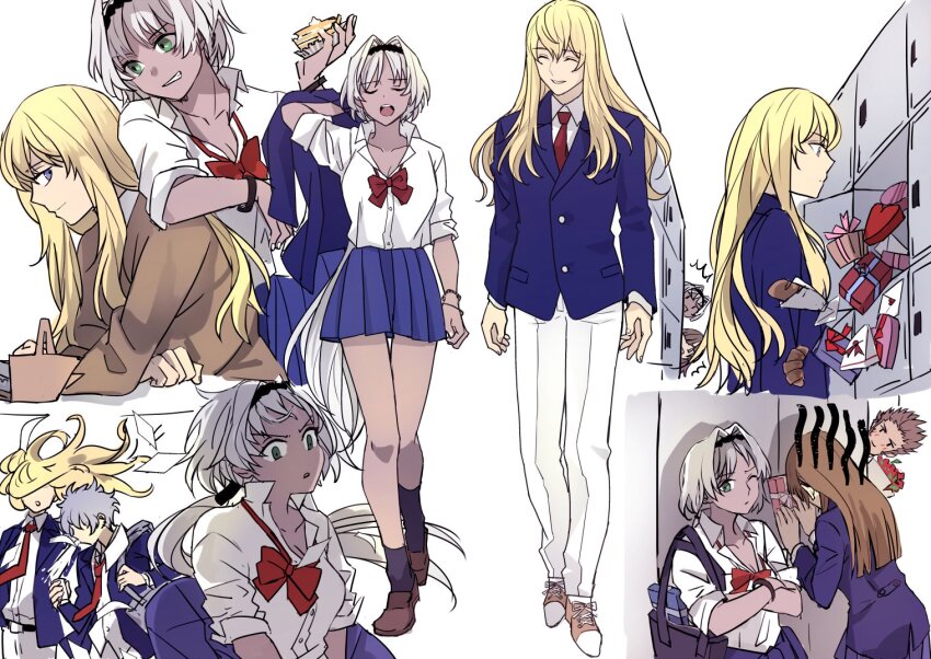 2girls 3boys ^^^ alternate_costume bag bare_legs belt black_bag black_belt black_hairband black_socks blonde_hair blue_eyes blue_jacket blue_skirt blunt_ends blush bouquet bow bowtie box bracelet breasts brown_footwear brown_hair brown_sweater caenis_(fate) cleavage closed_eyes closed_mouth contemporary croissant cross-laced_footwear dark-skinned_female dark_skin fate/grand_order fate_(series) flower food getabako gift gift_box green_eyes grey_hair grin hair_between_eyes hair_intakes hair_over_one_eye hair_slicked_back hairband heart-shaped_box holding holding_box holding_unworn_clothes holding_food holding_gift holding_jacket holding_unworn_clothes jacket jewelry kadoc_zemlupus kirschtaria_wodime leaning_on_person letter loafers long_hair long_sleeves looking_at_another loose_bowtie love_letter multiple_boys multiple_girls multiple_views nail_polish napoleon_bonaparte_(fate) necktie one_eye_closed open_clothes open_jacket open_mouth ophelia_phamrsolone pants parted_bangs parted_lips partially_unbuttoned pleated_skirt ponytail ponytail_holder red_bow red_bowtie red_necktie school_bag school_uniform shirt shoes short_hair shoulder_bag skirt sleeves_rolled_up smile socks spit_take spitting standing sweater teeth tsengyun unworn_jacket upper_teeth_only valentine walking white_background white_hair white_nails white_pants white_shirt wind wind_lift