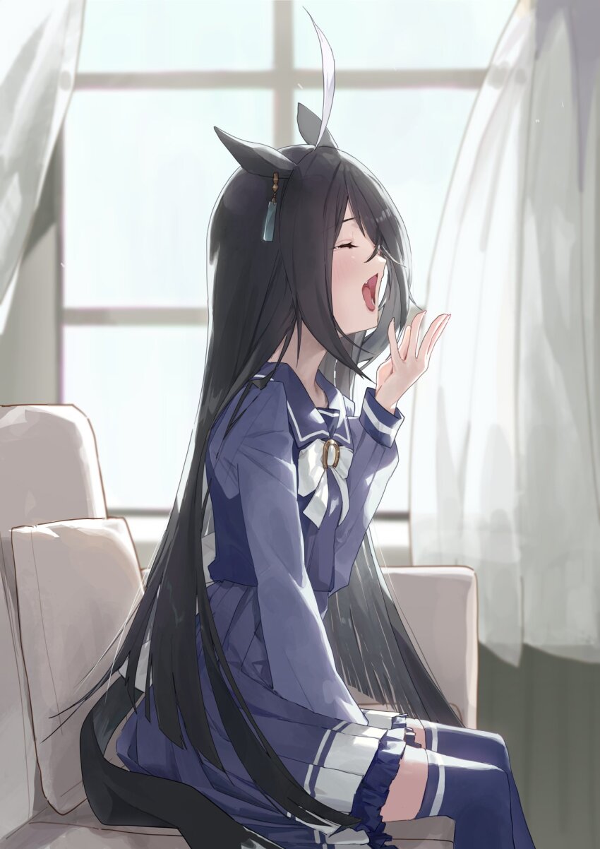 1girl ahoge amano_kokoko animal_ears bow bowtie closed_eyes couch curtains ear_tag earrings flat_chest frilled_skirt frills hair_over_one_eye hand_between_thighs hand_up highres horse_ears horse_girl horse_tail jewelry long_hair long_sleeves manhattan_cafe_(umamusume) multicolored_hair on_couch pillow pleated_skirt purple_sailor_collar purple_shirt purple_skirt purple_thighhighs sailor_collar shirt shirt_tucked_in single_earring sitting skirt sleepy solo tail thighhighs umamusume very_long_hair white_bow white_bowtie window yawning