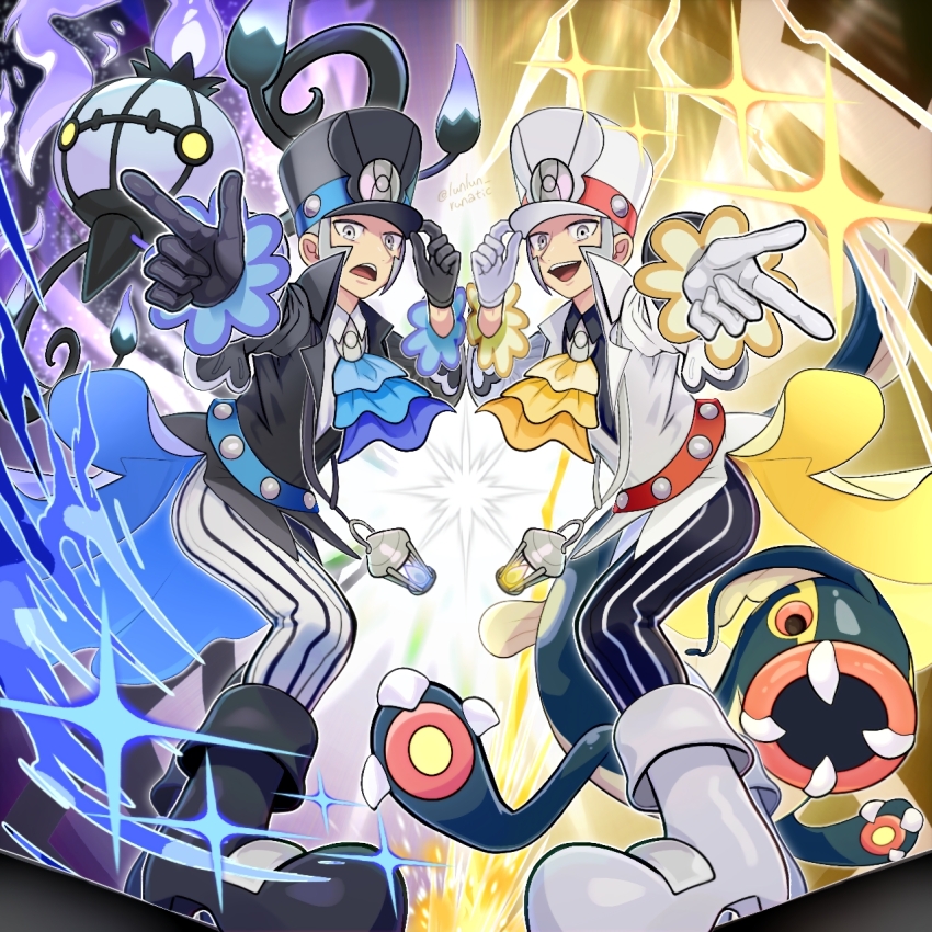 2boys ascot black_footwear black_gloves black_hat blue_ascot boots brothers chandelure eelektross emmet_(pokemon) emmet_(sygna_suit)_(pokemon) fire gen_5_pokemon gloves grey_hair hat highres ingo_(pokemon) ingo_(sygna_suit)_(pokemon) male_focus multiple_boys nintendo official_alternate_costume pokemon pokemon_masters_ex purple_fire runachikku siblings sideburns top_hat twins white_footwear white_gloves white_hat yellow_ascot