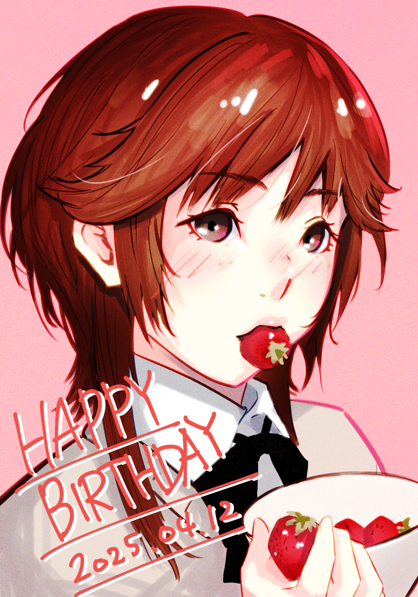 1girl absurdres amagami black_bow black_bowtie blush bow bowl bowtie brown_eyes brown_hair brown_sweater dated food food_in_mouth fruit happy_birthday highres holding holding_bowl holding_food kibito_high_school_uniform oshizu pink_background portrait sakurai_rihoko school_uniform short_hair_with_long_locks simple_background solo strawberry sweater