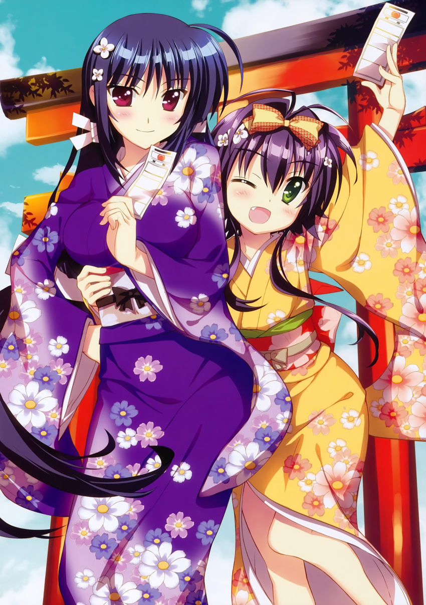 10s 2girls absurdres ahoge blush breasts fang floral_print flower fujima_takuya green_eyes hair_flower hair_ornament hair_ribbon highres hug huge_filesize japanese_clothes kimono large_breasts long_hair lyrical_nanoha mahou_shoujo_lyrical_nanoha_vivid mikaya_chevelle multiple_girls official_art one_eye_closed open_mouth paper purple_eyes purple_hair ribbon rio_wezley short_hair smile torii very_long_hair yukata