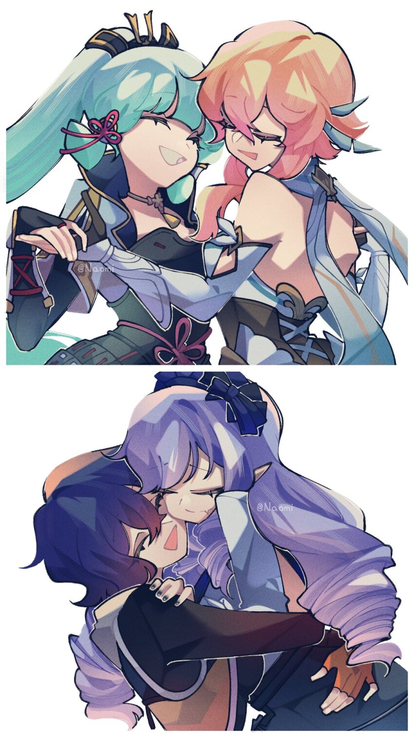 4girls ayaka_(genshin_impact) belle_(zenless_zone_zero) blonde_hair blue_hair closed_eyes company_connection dancing fingerless_gloves genshin_impact gloves green_hair happy highres holding_hands hug long_hair lumine_(genshin_impact) mio_chan07 multiple_girls pointy_ears purple_hair short_hair smile vivian_(zenless_zone_zero) yuri zenless_zone_zero