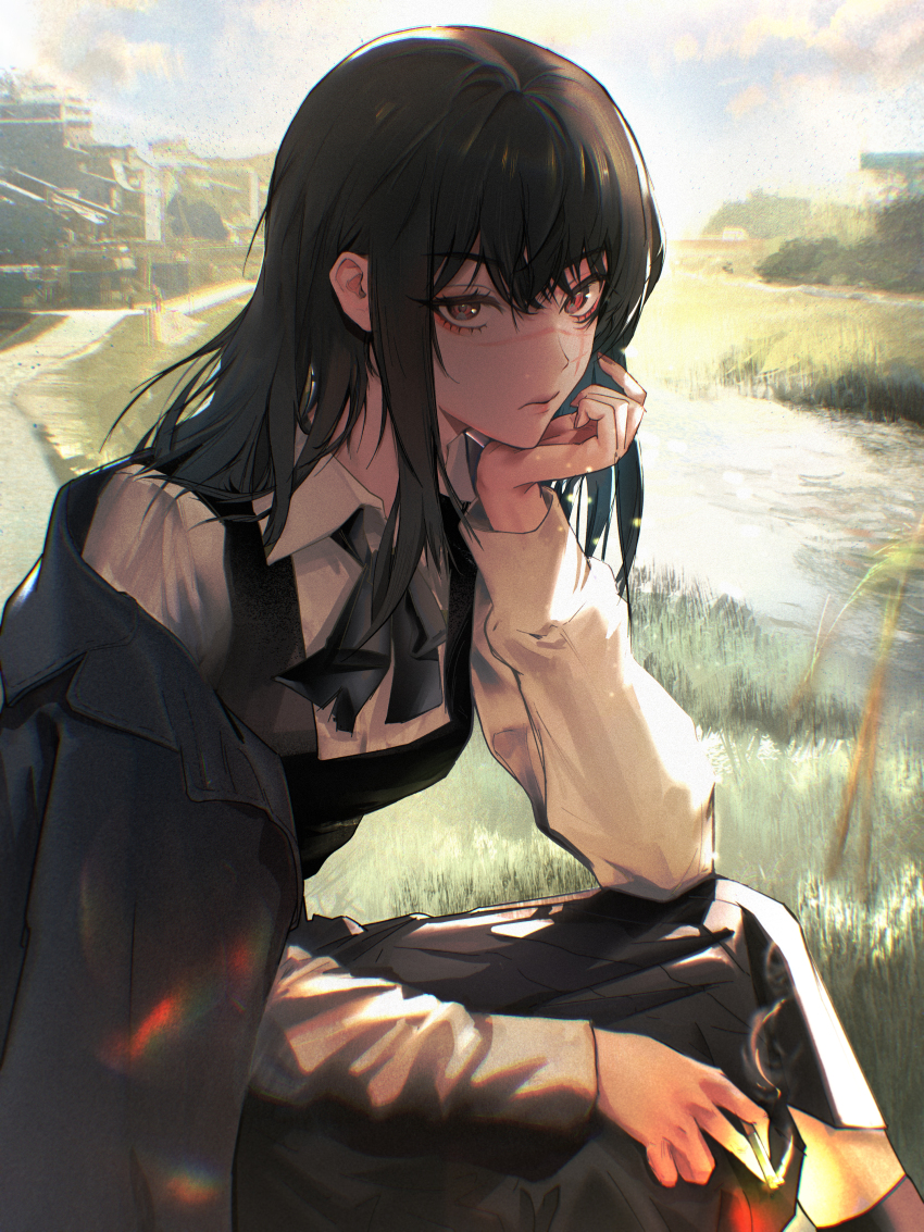 1girl absurdres black_coat black_dress black_hair brown_eyes chainsaw_man cigarette coat dress evening fourth_east_high_school_uniform hand_on_own_chin highres holding holding_cigarette ivdimension long_hair long_sleeves looking_at_viewer outdoors pinafore_dress river scar scar_on_face scar_on_nose school_uniform shirt sleeveless sleeveless_dress smoke solo water white_shirt yoru_(chainsaw_man)