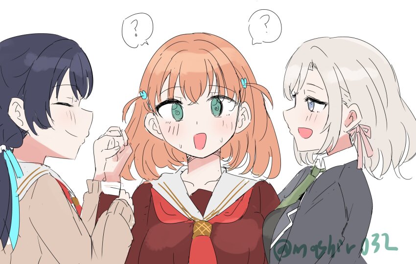 3girls :d ? @_@ arm_between_breasts between_breasts black_jacket black_sweater_vest blazer blue_hair blue_ribbon blush breasts brown_cardigan brown_dress cardigan ceras_yanagida_lilienfeld closed_eyes closed_mouth collared_shirt commentary crossed_bangs dress dress_shirt ereka girl_sandwich grabbing_another&#039;s_arm green_eyes green_necktie grey_eyes grey_hair hair_ornament hair_ribbon hasu_no_sora_school_uniform highres hinoshita_kaho holding_hands jacket large_breasts link!_like!_love_live! long_hair long_sleeves looking_at_another love_live! low_twintails medium_hair mizukawa_school_uniform mole mole_on_neck multiple_girls murano_sayaka neckerchief necktie open_cardigan open_clothes open_jacket open_mouth orange_hair pink_ribbon profile rabbit_hair_ornament red_neckerchief ribbon sailor_collar sailor_dress sandwiched school_uniform shirt sideways_mouth sketch smile spoken_question_mark sweat sweater_vest swept_bangs swimsuit twintails twitter_username two_side_up upper_body virtual_youtuber white_background white_sailor_collar white_shirt winter_uniform yuri