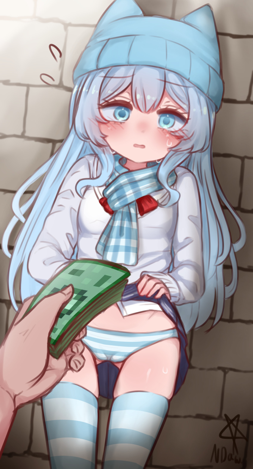 1boy 1girl absurdres banknote beanie blue_eyes blue_hair blue_panties blue_scarf blue_skirt blue_thighhighs breasts clothes_lift commentary_request commission hat highres holding holding_money lifting_own_clothes loli long_hair long_sleeves miniskirt money ndawjaidee open_mouth paid_reward_available panties plaid_clothes plaid_scarf prostitution roblox scarf shirt skirt skirt_lift small_breasts solo_focus striped_clothes striped_panties striped_thighhighs thighhighs underwear white_shirt