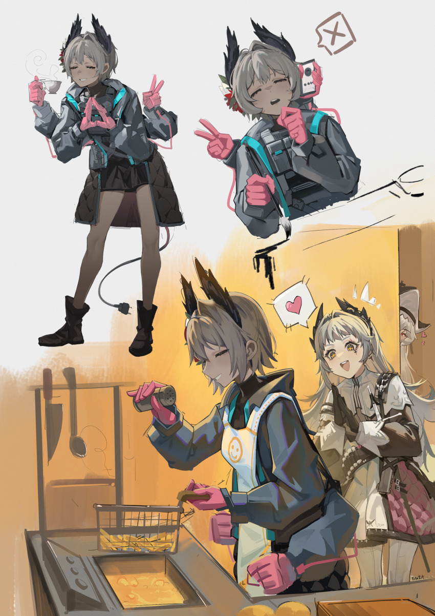 +_+ 3girls :d ^^^ absurdres apron arknights black_gloves black_jacket black_skirt cellphone closed_eyes commentary cooking dark-skinned_female dark_skin dress electric_plug electric_plug_tail extra_arms food french_fries gloves grey_hair grin hand_on_own_chin heart highres holding irene_(arknights) jacket kitchen_knife knife long_hair long_sleeves multiple_girls multiple_views open_mouth own_hands_together phone pink_gloves pota_douzhi profile raidian_(arknights) short_hair skirt smartphone smile specter_(arknights) specter_the_unchained_(arknights) spoken_heart standing symbol-only_commentary tail talking_on_phone v white_apron white_dress yellow_eyes