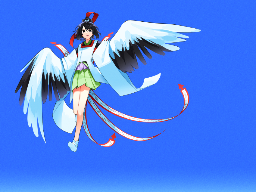 1other androgynous bare_legs bird_wings black_eyes black_hair black_hat black_kimono blue_sky commentary day detached_sleeves empty_eyes eye_of_senri feathered_wings floating_clothes floating_hair flying full_body green_hakama hakama hakama_short_skirt hakama_skirt half-harpy happy hat hat_ribbon highres japanese_clothes jinbei_(clothes) kariginu kimono len&#039;en long_sleeves looking_at_viewer monsterification ofuda ofuda_on_clothes open_mouth other_focus outdoors re1re133 red_ribbon ribbon senri_tsurubami short_hair short_kimono skirt sky smile socks solo swept_bangs tabi tate_eboshi teeth upper_teeth_only white_sleeves white_socks white_wings wide_sleeves wings