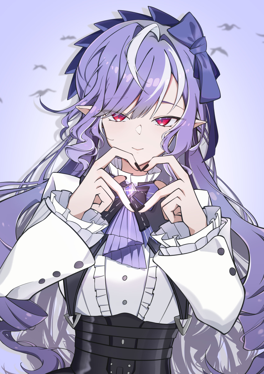 1girl absurdres ahoge ascot black_nails bow bowtie center_frills commentary_request frills gem hairband heart heart_hands highres long_hair looking_at_viewer mole mole_under_eye pointy_ears purple_ascot purple_bow purple_bowtie purple_gemstone purple_hair purple_hairband qingcha red_eyes shrug_(clothing) smile upper_body vivian_banshee white_shrug zenless_zone_zero