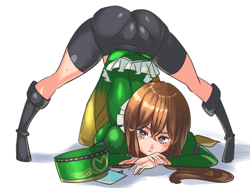 1girl ass bike_shorts blush_stickers boots brown_eyes brown_hair claudia_(saga) closed_mouth full_body hat jack-o&#039;_challenge kuwango long_hair looking_at_viewer puffy_sleeves romancing_saga_minstrel_song saga simple_background solo white_background