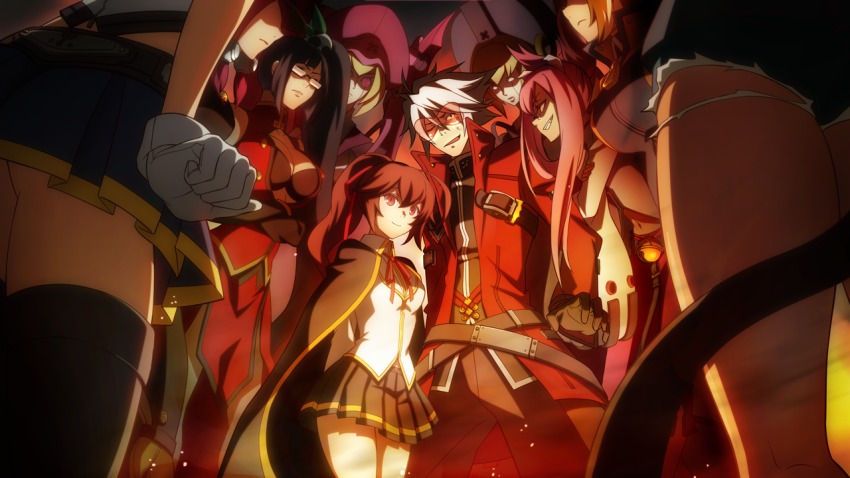 1boy 6+girls angry ass blazblue breasts brown_hair bullet_(blazblue) celica_a._mercury cleavage glasses gloves ignis_(blazblue) kokonoe_(blazblue) large_breasts legs litchi_faye_ling medium_breasts multiple_girls nirvana_(blazblue) noel_vermillion official_art pink_hair ragna_the_bloodedge skirt spectacles_of_eros standing thighs white_hair