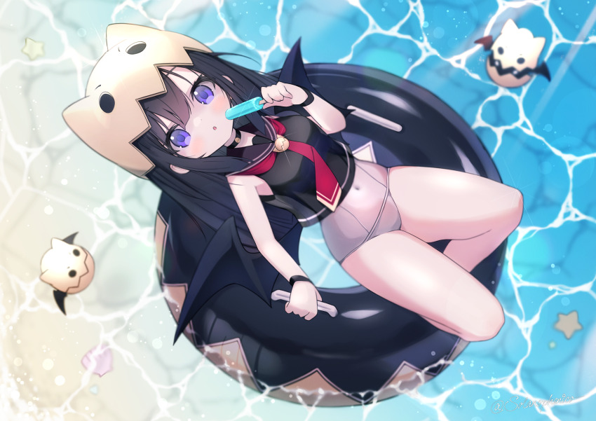 1girl absurdres bare_shoulders bat_wings black_hair black_wings blue_eyes commentary eggshell_hat emil_chronicle_online familiar food highres innertube looking_at_viewer necktie nidoegg_alma ocean popsicle solanophenico swim_ring swimsuit thighs wings
