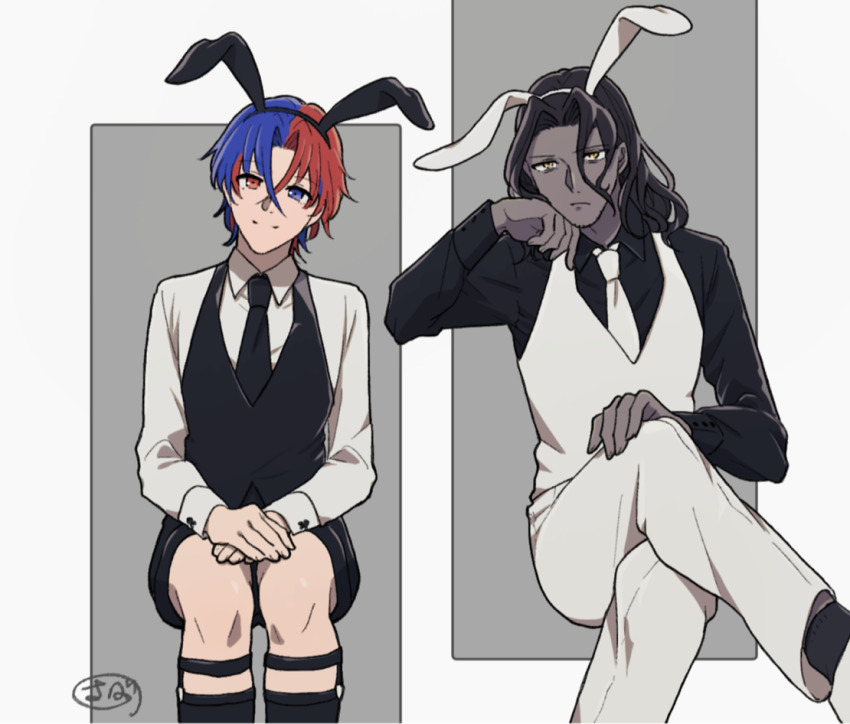 2boys male_alear_(fire_emblem) alternate_costume animal_ears black_necktie blue_eyes blue_hair crossed_bangs dark-skinned_male dark_skin fire_emblem fire_emblem_engage hair_between_eyes heterochromia looking_at_viewer male_focus multicolored_hair multiple_boys necktie nintendo pinkunoakuma rabbit_ears red_eyes red_hair split-color_hair two-tone_hair white_necktie zelkov_(fire_emblem)