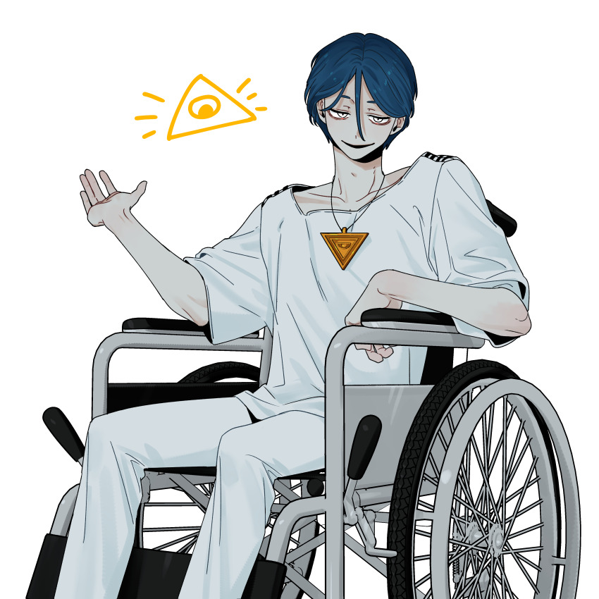 1boy absurdres blue_hair commentary_request eye_of_providence feet_out_of_frame hair_between_eyes hand_up highres looking_at_viewer maelo male_focus meguriya_ayumu open_mouth pants shirt short_hair short_sleeves simple_background sitting smile solo toshi_densetsu_kaitai_center triangle_necklace wheelchair white_background white_eyes white_pants white_shirt