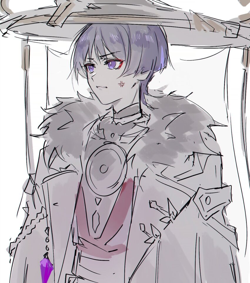 1boy aiguillette anger_vein annoyed blunt_ends bodysuit bright_pupils coat eyeliner eyeshadow fatui_coat fur_collar genshin_impact hat highres japanese_clothes jewelry jingasa kimono lapels limited_palette looking_to_the_side makeup male_focus mandarin_collar neck_ring open_clothes open_coat parted_lips purple_eyes purple_hair red_eyeliner red_eyeshadow scaramouche_(genshin_impact) sgm618 sketch solo tsurime upper_body white_background white_pupils wispy_bangs