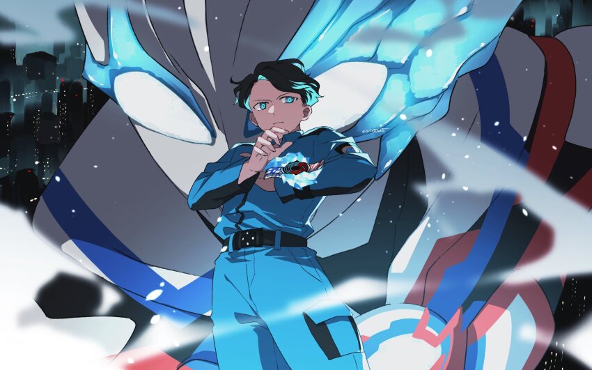 2boys alien animification black_hair blue_eyes building city city_lights cityscape close-up commentary_request ebony_nightmare highres hiruma_gento multiple_boys science_fiction short_hair tokusatsu twitter_username ultra_series ultraman_blazar ultraman_blazar_(series)