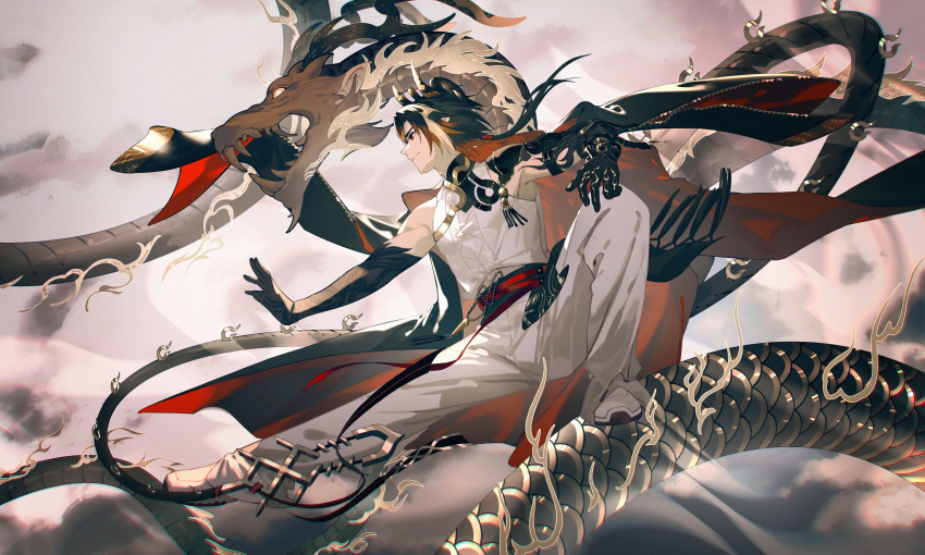 1boy absurdres arknights black_cape black_hair black_skin cape chongyue_(arknights) closed_mouth colored_skin commentary_request dragon dragon_boy dragon_horns highres horns looking_ahead lubusi male_focus multicolored_hair orange_cape orange_hair pants profile red_eyes riding shirt shoes short_hair sleeveless sleeveless_shirt solo streaked_hair two-sided_cape two-sided_fabric white_pants white_shirt white_shoes