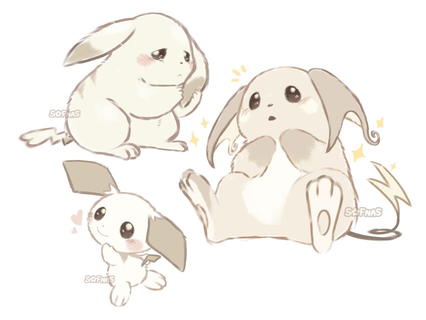 absurdres alternate_color alternate_form closed_mouth commentary droopy_ears ears_down evolutionary_line full_body gen_1_pokemon gen_2_pokemon heart highres holding_own_ears nintendo no_humans open_mouth parted_lips peakychu pichu pikachu pokemon pokemon_(creature) pokemon_focus pokemon_pokopia raichu simple_background smile sofnas star_(symbol) symbol-only_commentary tail white_background