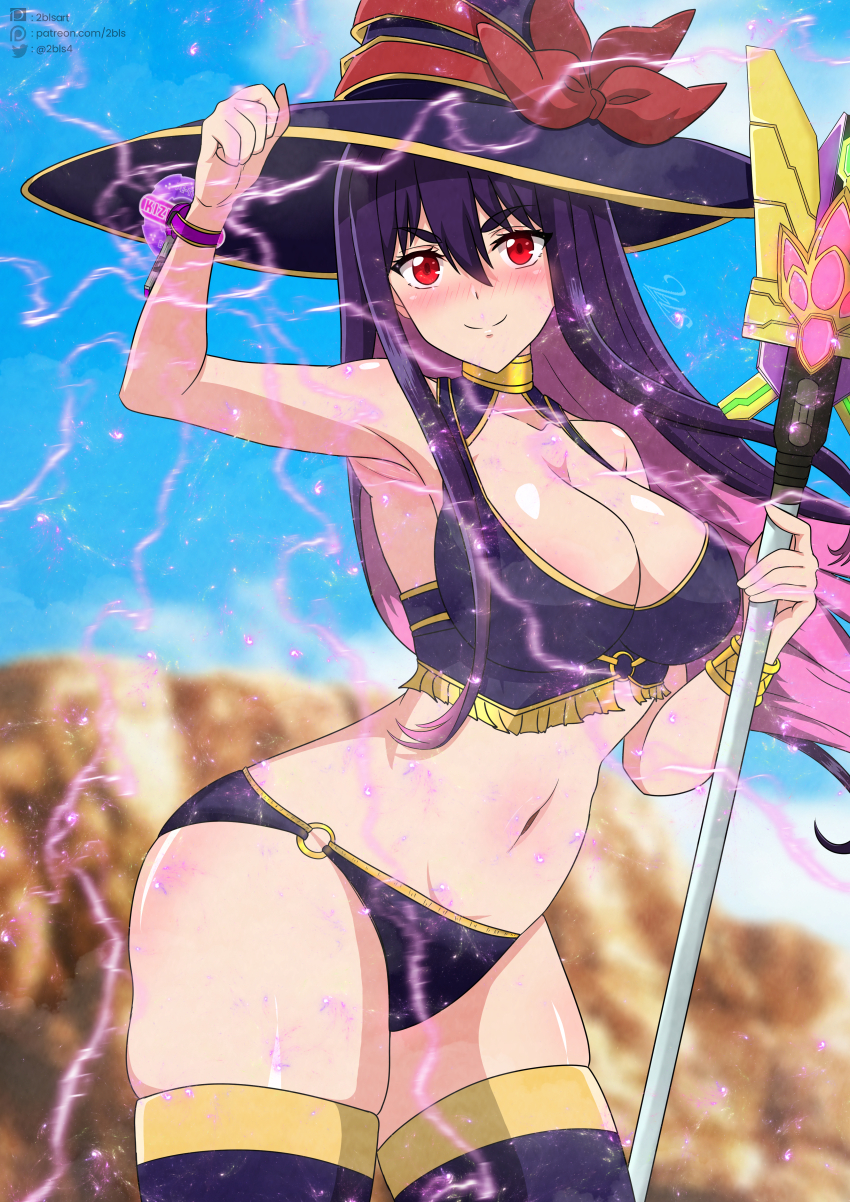 1girl absurdres armpits bikini blurry blurry_background blush breasts cleavage collar colored_inner_hair crop_top full-face_blush glowing glowing_eyes hair_between_eyes hat hat_ribbon highres holding holding_staff idola_avorn large_breasts lightning long_hair looking_at_viewer metal_collar multicolored_hair navel pink_hair purple_bikini purple_hair purple_thighhighs red_eyes red_ribbon ribbon sentai_red_ga_isekai_de_boukensha_ni_naru skindentation solo staff stomach swimsuit thighhighs twobless witch_hat