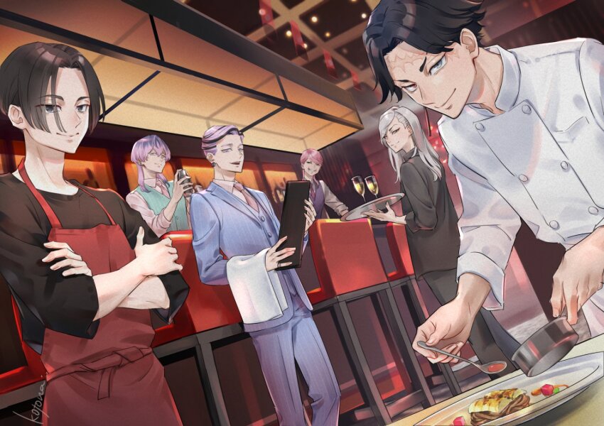 6+boys apron black_hair black_pants black_shirt blue_jacket blue_pants blue_suit chair closed_mouth cowboy_shot crossed_arms cst food formal_clothes grey_eyes haitani_ran haitani_rindou heterochromia highres holding holding_spoon indoors jacket kakuchou kokonoi_hajime long_hair long_sleeves multicolored_hair multiple_boys necktie pants pink_hair plate purple_hair purple_vest red_apron red_eyes restaurant sano_manjirou sanzu_haruchiyo scar scar_on_face shirt short_hair smile spoon standing suit table tokyo_revengers two-tone_hair vest white_hair white_shirt