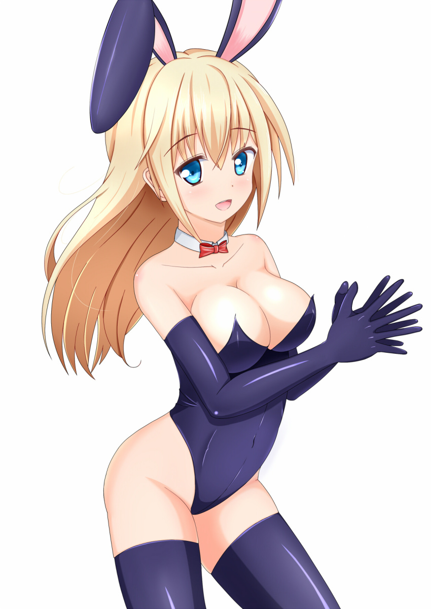 1girl aneten animal_ears arched_back bare_shoulders blonde_hair blue_eyes blue_gloves blue_thighhighs blush bow bowtie breasts cleavage collarbone covered_navel detached_collar elbow_gloves fake_animal_ears female_focus gloves groin happy highres large_breasts leotard long_hair looking_at_viewer open_mouth original own_hands_together playboy_bunny rabbit_ears simple_background smile solo thighhighs white_background
