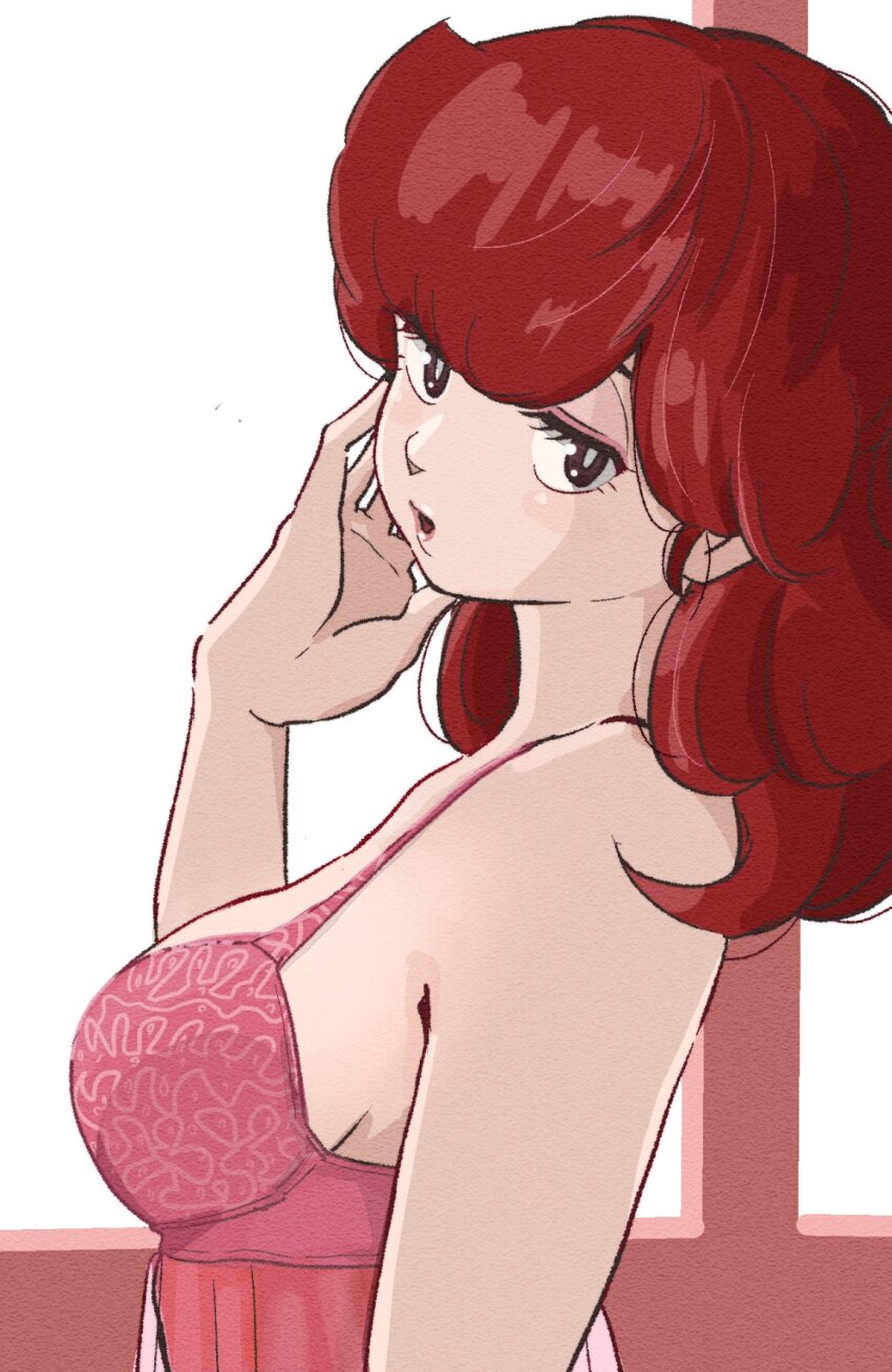 against_window blush bra breasts brown_eyes hand_on_own_cheek hand_on_own_face highres maison_ikkoku medium_breasts parted_lips pink_lips poppowerhearts red_bra red_hair roppongi_akemi underwear window