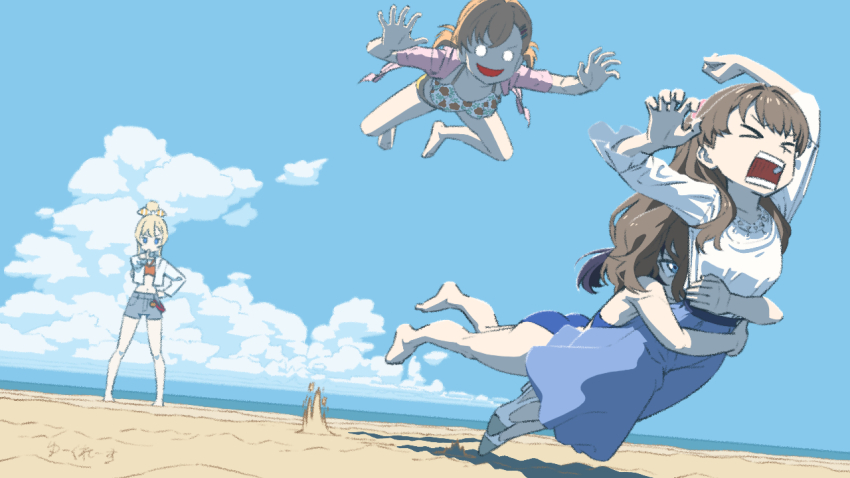 &gt;_&lt; 4girls artist_name ass barefoot beach bikini bikini_top_only blue_one-piece_swimsuit blue_skirt blue_sky breasts brown_hair captured chasing claw_pose cloud commentary_request day denim denim_shorts dutch_angle floral_print floral_print_bikini fujishima_megumi fujishima_megumi_(summer_casual) hair_intakes hand_on_own_hip hinoshita_kaho hinoshita_kaho_(swimsuit) jacket jacket_over_swimsuit jumping link!_like!_love_live! long_hair long_skirt love_live! medium_breasts minpailea multiple_girls murano_sayaka murano_sayaka_(swimsuit) navel no_pupils o_o official_alternate_costume one-piece_swimsuit open_clothes open_jacket open_mouth orange_bikini osawa_rurino osawa_rurino_(swimsuit) outdoors pink_jacket pointing print_bikini rectangular_mouth shirt shoes short-sleeved_jacket short_sleeves shorts signature skirt sky swimsuit teeth three-quarter_sleeves v-shaped_eyebrows virtual_youtuber white_bikini white_shirt white_shoes