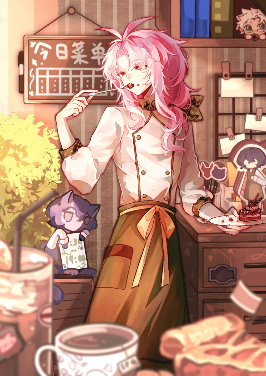 2boys absurdres antenna_hair apron blue_eyes blurry blurry_foreground bow cake cake_slice chinese_commentary commentary_request crumbs cup eating food fork glasses green_apron green_bow hair_bow hatsutori_hajime highres holding holding_fork holding_plate indoors kanou_aogu long_hair low_ponytail male_focus mocha_huishouzhan mug multiple_boys official_alternate_costume official_alternate_hairstyle pie pie_slice pink_hair plant plate ponytail red_eyes saibou_shinkyoku shirt side_ponytail sign utsugi_noriyuki waist_apron white_hair white_shirt