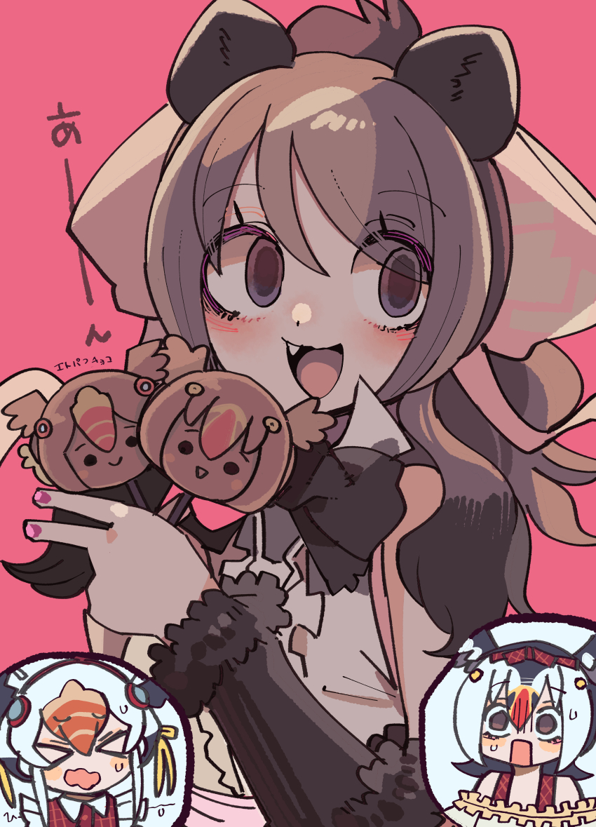 3girls absurdres animal_ears atlantic_puffin_(kemono_friends) bear_ears bear_girl bergman&#039;s_bear_(kemono_friends) bird_ears bird_girl bird_wings bow bowtie brown_eyes brown_hair dress elbow_gloves extra_ears food gloves highres kanmoku-san kemono_friends kemono_friends_3 long_hair multiple_girls open_mouth ribbon shirt simple_background skirt sleeveless sleeveless_shirt sweets translation_request tufted_puffin_(kemono_friends) wings