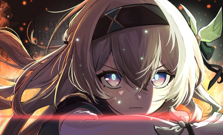 :| ame_pokke black_hairband closed_mouth firefly_(honkai:_star_rail) glowing glowing_eyes green_pupils grey_hair hair_between_eyes hair_ornament hair_ribbon hairband highres honkai:_star_rail honkai_(series) long_sleeves ribbon serious watermark