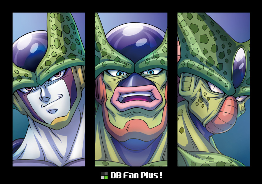 1boy black_border blue_background blue_eyes border cell_(dragon_ball) closed_mouth commentary_request dragon_ball dragonball_z dual_persona imperfect_cell male_focus naomi_(nplusn) open_mouth perfect_cell pink_eyes semi-perfect_cell smirk teeth