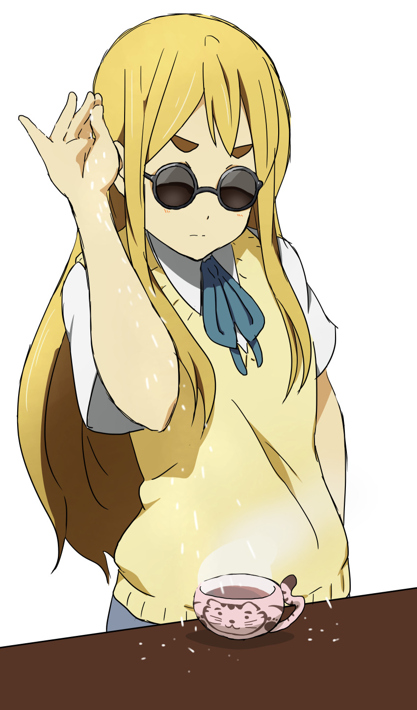 1girl absurdres arm_up blonde_hair cup highres k-on! kicchi_(tmgk) kotobuki_tsumugi light_blush long_hair meme sakuragaoka_high_school_uniform salt_bae_(meme) school_uniform sunglasses table tea teacup thick_eyebrows white_background