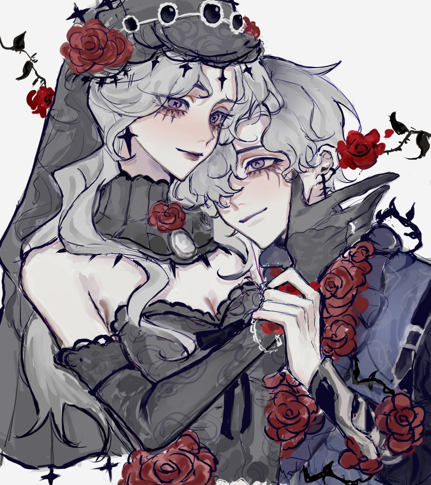 1boy 1girl absurdres ada_mesmer ada_mesmer_(everlasting_night) black_bow black_gemstone black_gloves black_veil bow breasts character_request choker cleavage closed_mouth emil_(identity_v) emil_(luminary)_(identity_v) eyelashes facial_mark flower gem gloves grey_hair highres holding_another&#039;s_wrist identity_v light_smile lips long_hair long_sleeves looking_at_another medium_breasts mobei115 one_eye_covered purple_eyes red_flower red_rose rose short_hair upper_body veil wavy_hair white_background