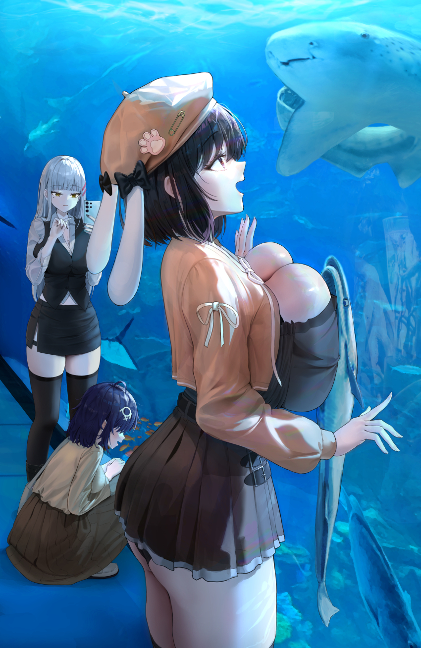 3girls absurdres aquarium ass black_dress black_hair black_panties black_thighhighs breast_press breasts brown_hat brown_jacket cellphone cleavage commentary_request dress fish grey_hair grey_jacket hair_ornament hairclip hat highres huge_breasts irorong jacket large_breasts long_hair long_sleeves multiple_girls open_mouth original panties phone pleated_dress shark short_hair sidelocks smartphone squatting standing thighhighs underwear