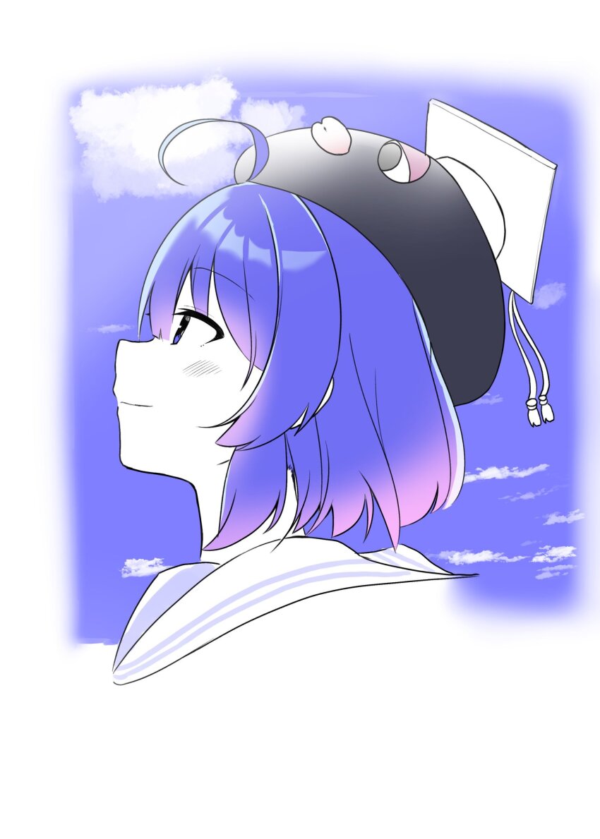 1girl ahoge alternate_hairstyle animal_hat black_hat blue_eyes blue_hair blue_sky blue_theme blunt_bangs border chaakusu closed_mouth cloud commentary_request cropped_head eel_hat fading_border flat_color from_side gradient_hair hair_between_eyes hat highres looking_ahead mortarboard multicolored_hair otomachi_una otomachi_una_(talkex) profile sailor_collar short_hair sky smile solo talkex voiceroid