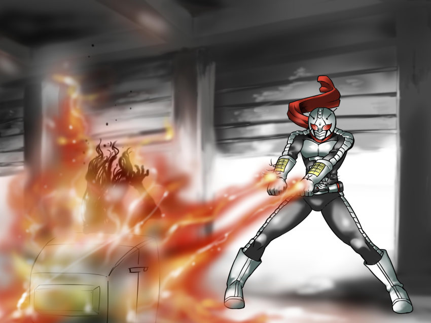crossover crt fire highres kamen_rider kamen_rider_super-1 kamen_rider_super-1_(series) the_ring through_medium through_screen tukiwani yamamura_sadako