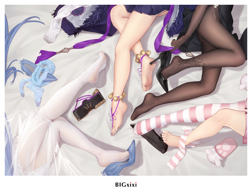 4girls animal_slippers artist_name azur_lane bare_legs barefoot barefoot_sandals_(jewelry) bigxixi black_footwear blue_footwear character_request chen_hai_(azur_lane) chen_hai_(vestibule_of_wonders)_(azur_lane) elbow_gloves feet foot_focus gloves high_heels highres laffey_(azur_lane) laffey_(sleep_to_clean_another_day)_(azur_lane) legs lower_body lying multiple_girls musashi_(azur_lane) nail_polish new_jersey_(azur_lane) new_jersey_(snow-white_ceremony)_(azur_lane) no_shoes pantyhose paw_print pumps sandals see-through_clothes shoes single_shoe single_thighhigh slippers soles stiletto_heels striped_clothes striped_thighhighs thighhighs toenail_polish toenails toes unworn_sandals unworn_slippers unworn_thighhighs white_pantyhose