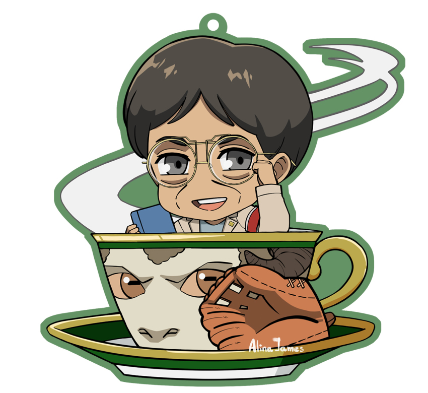 1boy adelheid_(moschiola) adjusting_eyewear baseball_glove beast_titan brown_hair cup glasses in_container in_cup looking_at_viewer male_focus merchandise mini_person miniboy round_eyewear shingeki_no_kyojin short_hair solo teacup titan_(shingeki_no_kyojin) tom_ksaver wrinkled_skin