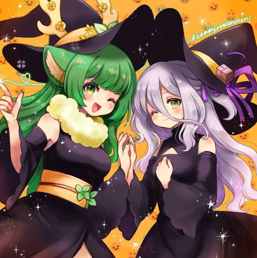 2girls ;d above_cleavage_cutout animal_ears antlers bare_shoulders black_dress breasts closed_mouth colored_lineart cowboy_shot detached_sleeves dot_nose drawn_heart dress fur_collar green_eyes green_hair green_nails grey_hair hair_between_eyes half_updo halloween halloween_costume hand_on_another&#039;s_hand hand_on_own_chest hands_up happy happy_halloween haruka_karibu hat heart henya_the_genius highres horns horns_through_headwear index_finger_raised light_blush long_hair looking_at_viewer medium_breasts multiple_girls nail_polish one_eye_closed open_mouth orange_background pumpkin_background rabio_(labi555) sash small_breasts smile sparkle sweat vshojo wide_sleeves witch witch_hat yellow_collar yellow_eyes yellow_sash