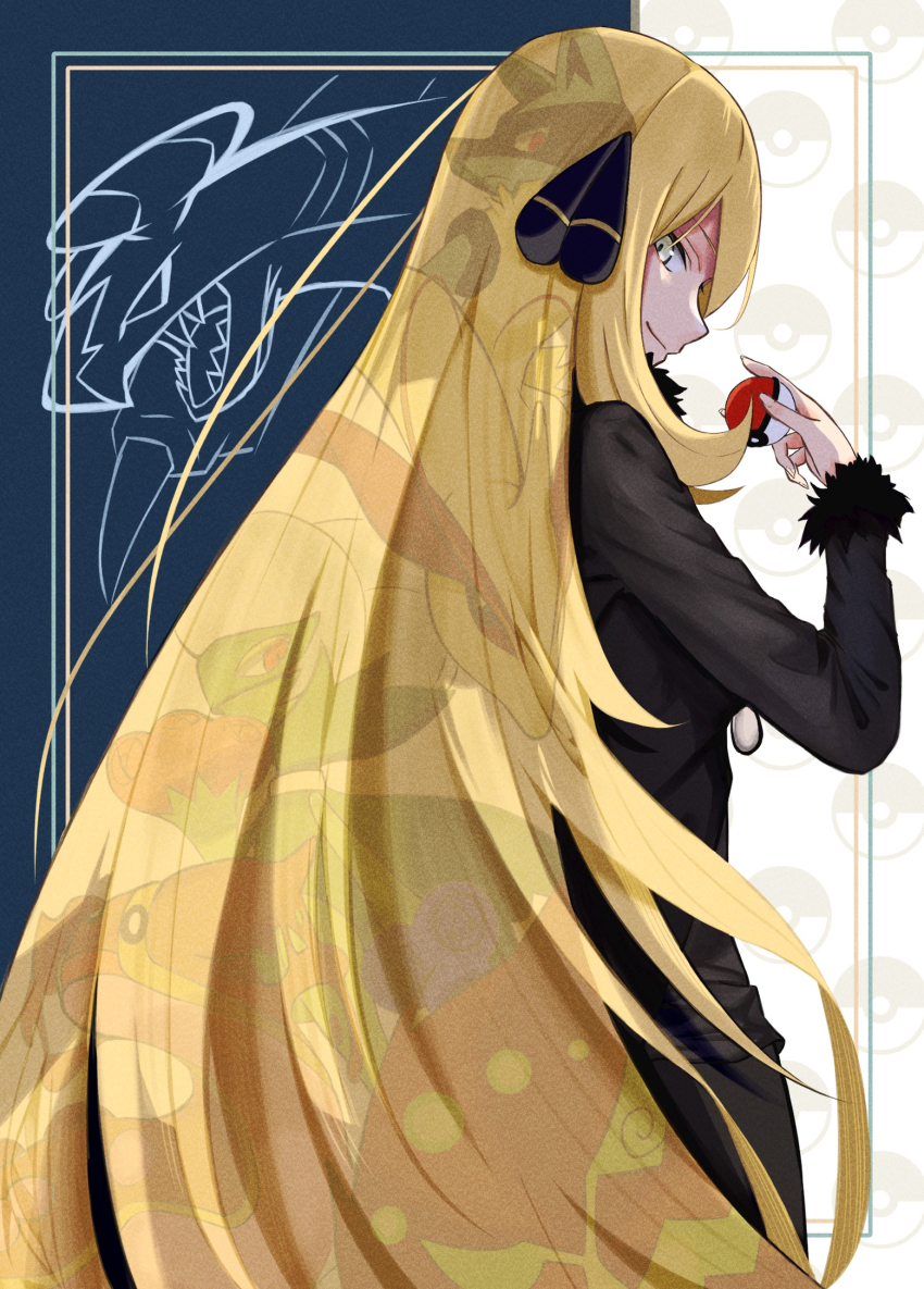 1girl black_coat blonde_hair closed_mouth coat commentary_request cynthia_(pokemon) framed from_side fur-trimmed_coat fur_trim garchomp gastrodon gen_3_pokemon gen_4_pokemon grey_eyes hair_ornament hand_up highres holding holding_poke_ball kashumashux51 long_hair long_sleeves looking_to_the_side lucario milotic nintendo poke_ball poke_ball_(basic) pokemon pokemon_dppt roserade smile spiritomb