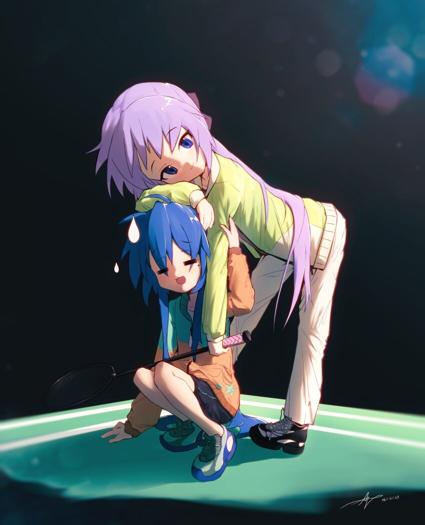 absurdres ap04astral arm_on_another&#039;s_head black_background black_shoes black_shorts blue_hair closed_eyes comedic_sweatdrop green_jacket highres hiiragi_kagami izumi_konata jacket lucky_star orange_jacket pants purple_hair racket shoes shorts smile sneakers tennis_court tennis_racket twintails white_pants