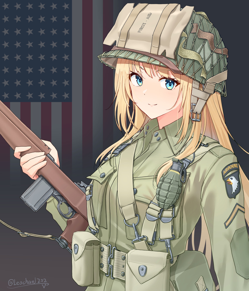 101st_airborne 1girl 506th_parachute_infantry_regiment_(us_army) absurdres american_flag american_flag_background aqua_eyes artist_name belt breast_pocket closed_mouth combat_helmet commentary explosive flag_background green_belt green_hat green_jacket grenade gun gun_sling hat helmet highres historical_american_flag holding holding_gun holding_weapon invasion_of_normandy jacket leochan1202 long_hair long_sleeves looking_at_viewer m1_carbine m1_helmet military military_rank_insignia military_uniform mk2_grenade original paratrooper patch pocket shoulder_patch smile solo suspenders upper_body weapon world_war_ii