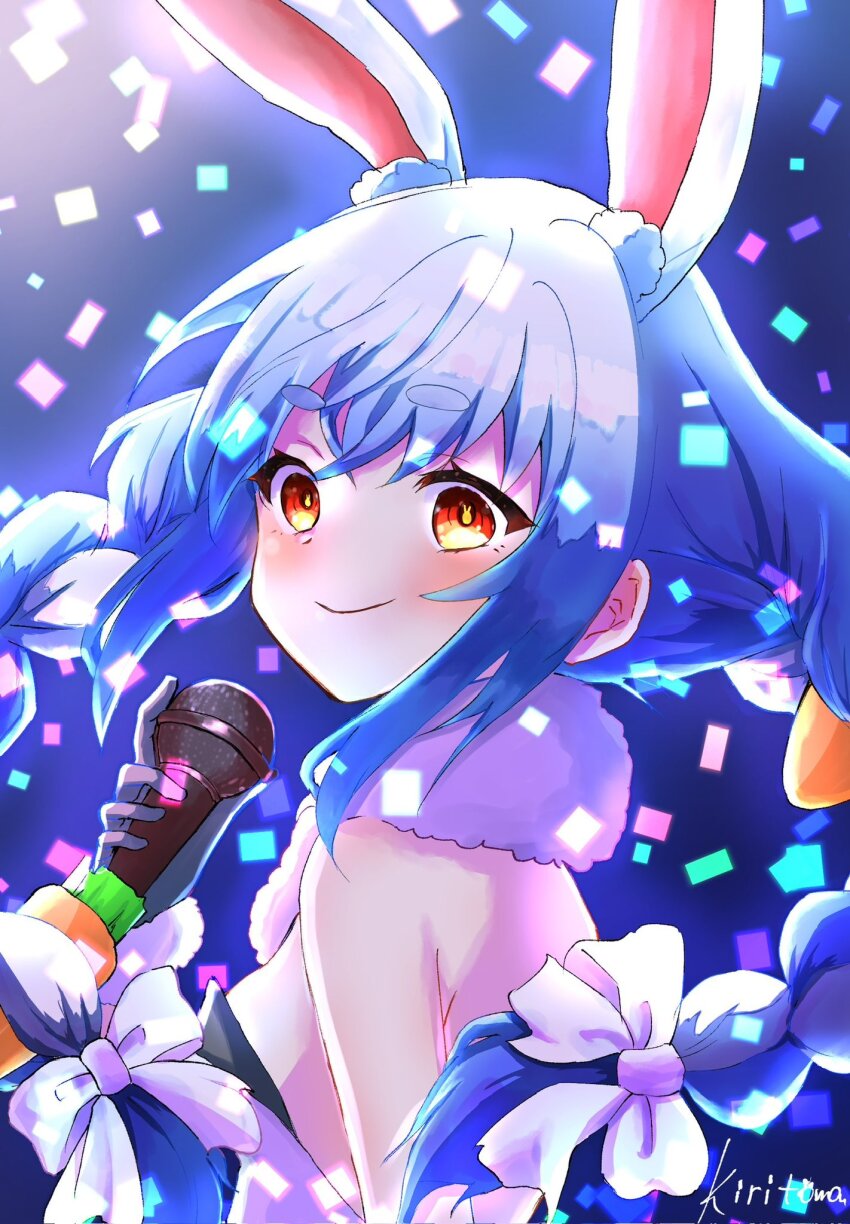 1girl animal_ear_fluff animal_ears blush bow braid carrot_hair_ornament closed_mouth commentary_request confetti floating_hair food-themed_hair_ornament from_side fur-trimmed_gloves fur_trim gloves grey_gloves hair_bow hair_ornament highres holding holding_microphone hololive kiritoma long_hair looking_at_viewer looking_to_the_side microphone rabbit-shaped_pupils rabbit_ears red_eyes short_eyebrows signature smile solo symbol-shaped_pupils thick_eyebrows twin_braids twintails upper_body usada_pekora usada_pekora_(1st_costume) very_long_hair virtual_youtuber white_bow