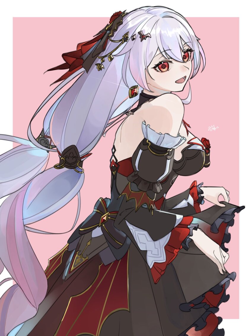 1girl bat_hair_ornament black_hair border breasts detached_sleeves earrings from_side hair_ornament highres honkai_(series) honkai_impact_3rd jewelry large_breasts long_hair long_sleeves mika07891 open_mouth pink_background red_eyes simple_background solo theresa_apocalypse theresa_apocalypse_(luna_kindred) theresa_apocalypse_(lunar_vow:_crimson_love) very_long_hair white_border white_hair