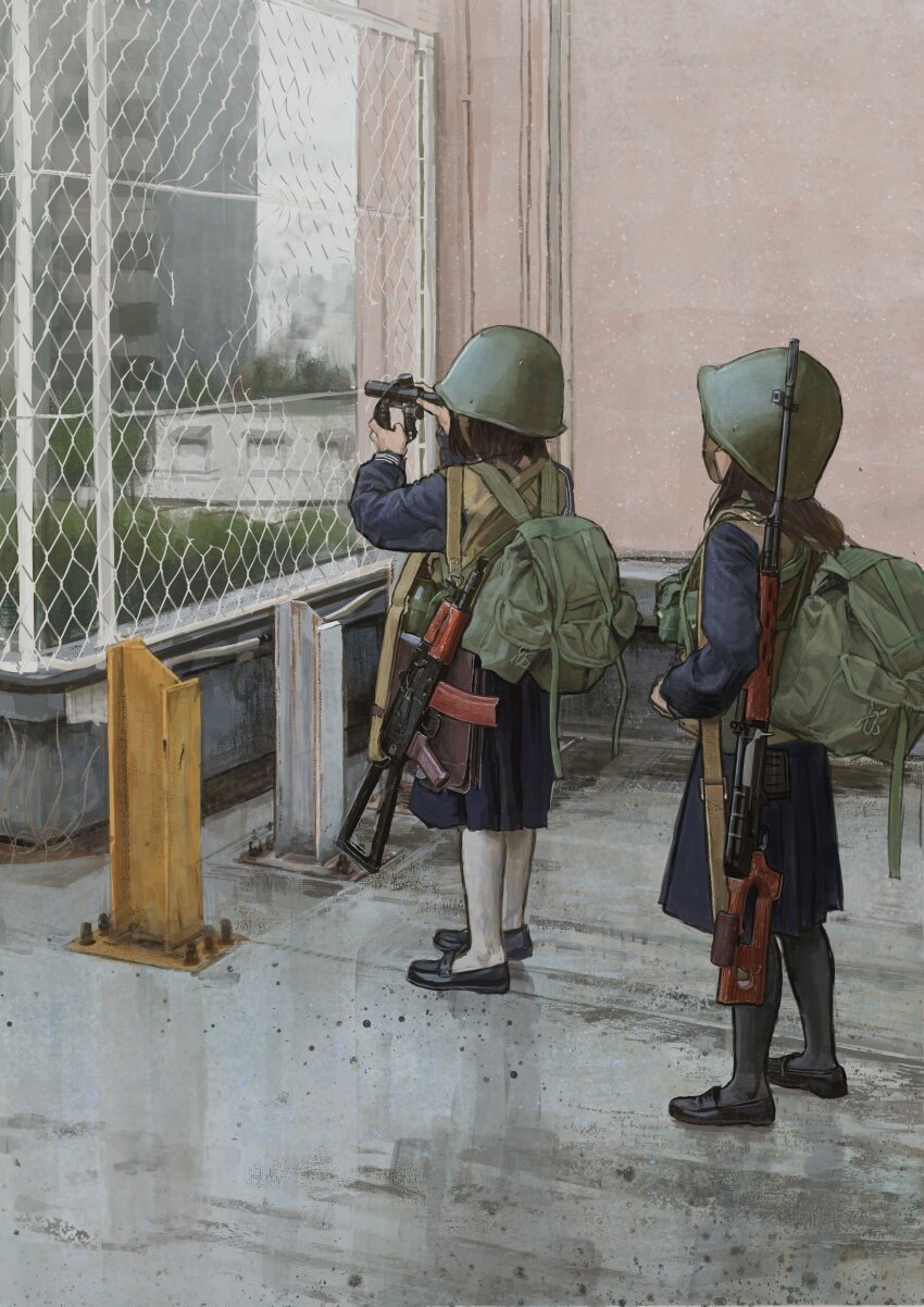 2girls absurdres aks-74u assault_rifle backpack bag black_hair building chain-link_fence chest_rig combat_helmet dragunov_svd fence full_body garoppui gun gun_sling helmet highres kalashnikov_rifle loafers long_hair long_sleeves looking_through_scope multiple_girls original outdoors pantyhose rifle school_uniform scope serafuku shoes skirt sniper_rifle standing tactical_school_uniform weapon