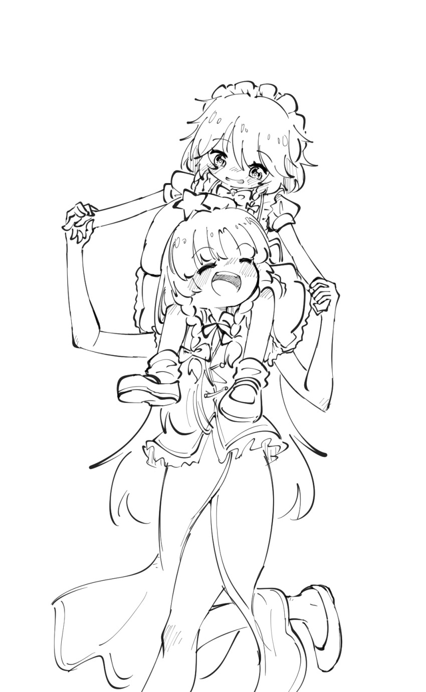 2girls aged_down blush bow braid carrying carrying_person child closed_eyes commentary_request greyscale grin hair_bow hand_grab hat hat_ornament highres hong_meiling izayoi_sakuya maid maid_headdress mary_janes monochrome multiple_girls open_mouth puffy_short_sleeves puffy_sleeves shoes short_sleeves side_slit sitting_on_shoulder smile socks star_(symbol) star_hat_ornament suteruko teeth touhou twin_braids upper_teeth_only