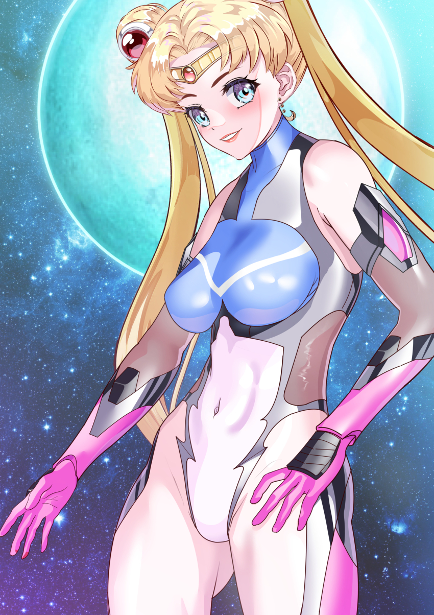1girl absurdres arion_canvas bishoujo_senshi_sailor_moon blonde_hair blue_eyes bodysuit breasts double_bun gloves hair_bun highleg highres jewelry large_breasts long_hair looking_at_viewer magical_girl skin_tight smile solo taimanin_suit tsukino_usagi twintails